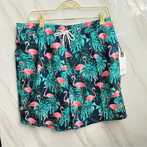 Swim Trunks Flamingos Print 7" Inseam Built-In Mesh Brief Side Pockets UPF 50+